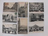 several old black and white photos of people walking down a street