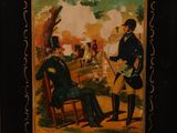 painting of two men sitting in a chair in front of a fire