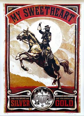 une affiche représentant un homme à cheval, assis sur le dos d'un cheval