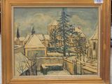 une image représentant un tableau d'une ville enneigée, dans un cadre doré