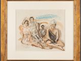 une image représentant un dessin d'un groupe de personnes assises sur la plage