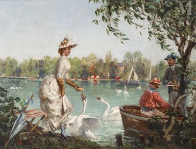 a painting of a woman and two swans in a lake