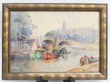 a painting of boats on the water with a bridge in the background