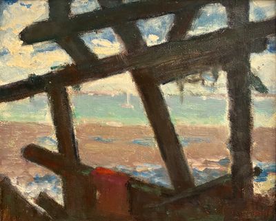 tableau représentant une vue de plage à travers une structure en bois