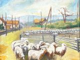 painting of a herd of sheep standing in a fenced in area