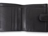 a black leather wallet on a white background with clippings