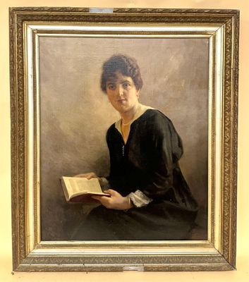 painting of a woman reading a book in a black dress