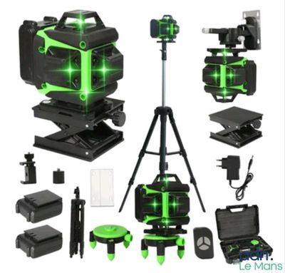 a green laser leveling system with a tripod, camera and other equipment