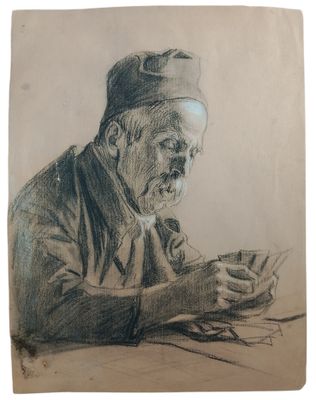 drawing of an old man sitting at a table with a cup in his hand