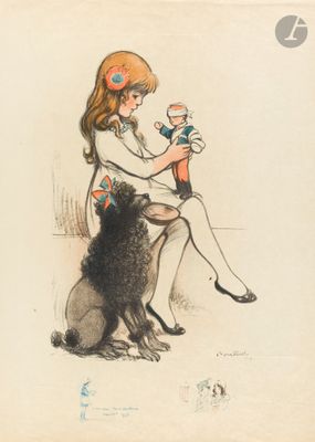 un dessin représentant une petite fille assise sur un banc avec un chien
