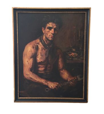 une image représentant un tableau d'un homme tenant un couteau à la main