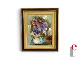 a painting of flowers in a vase on the wall