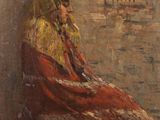 un tableau représentant une femme en robe rouge assise devant un mur de briques
