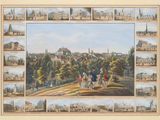 tableau représentant une vue d'une ville avec de nombreux bâtiments et des passants