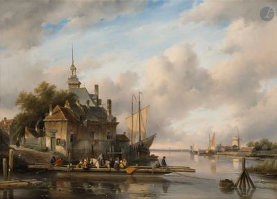 un tableau représentant une scène fluviale avec des bateaux sur l'eau