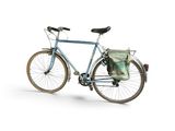 a blue bicycle with a bag on the back of it