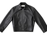 a black leather jacket on a white background