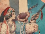 a painting of two women playing instruments in front of a full moon