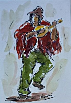 painting of a man playing a guitar and wearing a red jacket