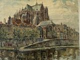 tableau représentant une grande cathédrale avec un pont enjambant un plan d'eau