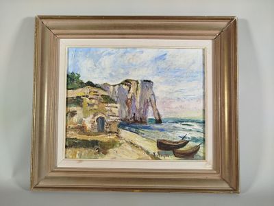 tableau représentant un bateau sur la plage, avec une falaise en arrière-plan