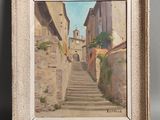 une peinture à l'huile représentant une rue avec des marches menant à un immeuble
