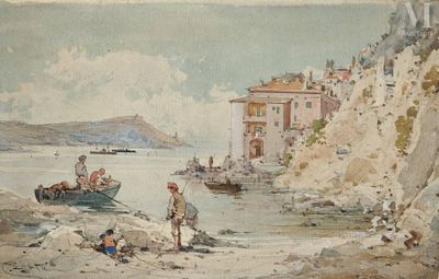une peinture représentant un groupe de personnes sur une plage