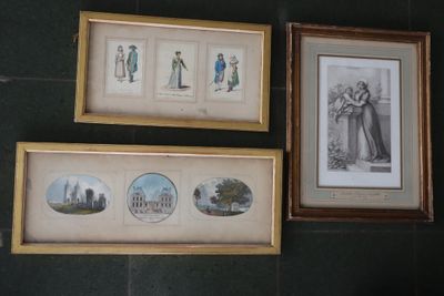 three framed pictures on the wall next to a toilet