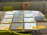 de nombreux ordinateurs portables posés sur la table, avec des autocollants jaunes dessus