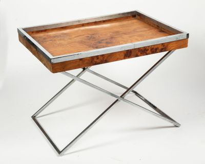 an image of a wooden tray with metal legs on a stand