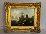 an oil painting of a landscape with a castle in the distance