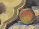 a painting of a bowl and two peaches on a table