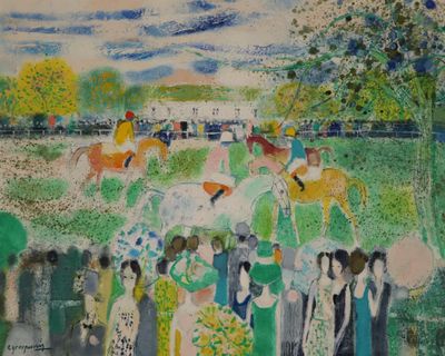 a painting of a group of people standing in a field