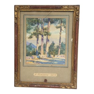 a painting of a landscape with trees in a gold frame