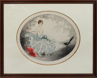 tableau représentant une femme en robe bleue assise sur un banc