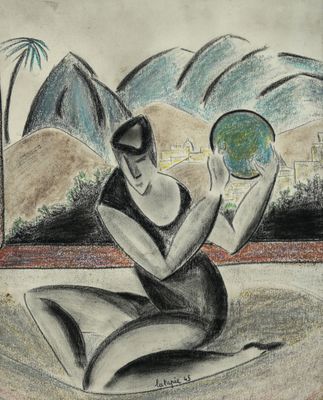 dessin représentant une femme assise par terre, tenant un globe terrestre