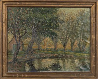 une peinture à l'huile représentant une rivière et des arbres dans une zone boisée