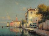 a painting of a boat in the water near a building