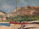 une peinture représentant un bateau au bord d'un lac