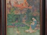 une peinture à l'huile représentant une femme assise dans un jardin avec un chien