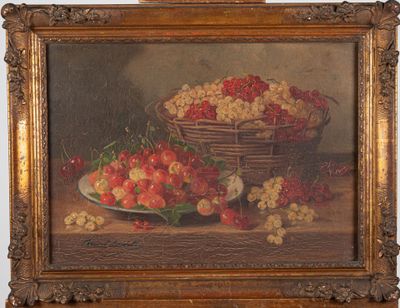 tableau représentant des fraises et des cerises dans un panier posé sur une table