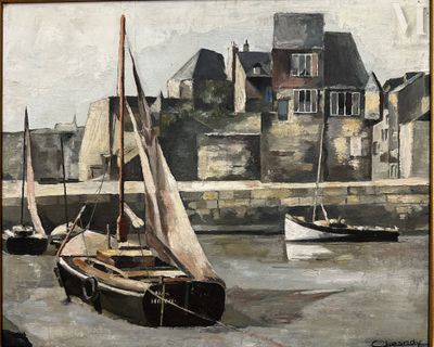 a painting of a sailboat on the water in front of a building