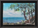 an oil painting of a view of the ocean from a rocky shore