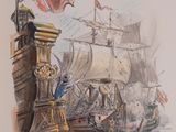 painting of a ship in the water with a flag on it