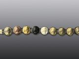 a group of five gold and silver coin bracelets