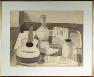 une peinture représentant une guitare, un vase et un livre posés sur une table