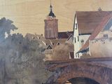 a picture of a painting of a bridge with a bird flying over it