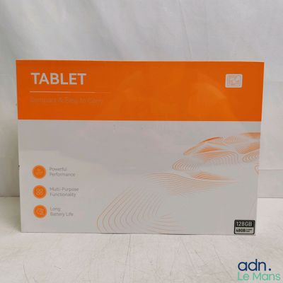 an orange and white box of a tablet sitting on a table