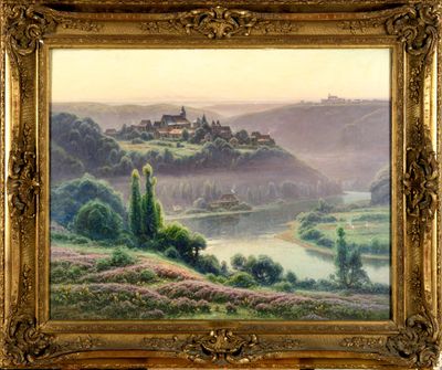 l'image d'un tableau représentant un paysage avec un château au loin