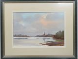 an image of a painting of a lake with a church in the distance